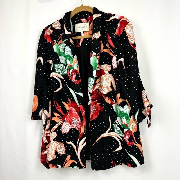 River Island Women’s US Sz 12 Black Floral Spot Longline Blazer Top Open Front - Picture 5 of 13